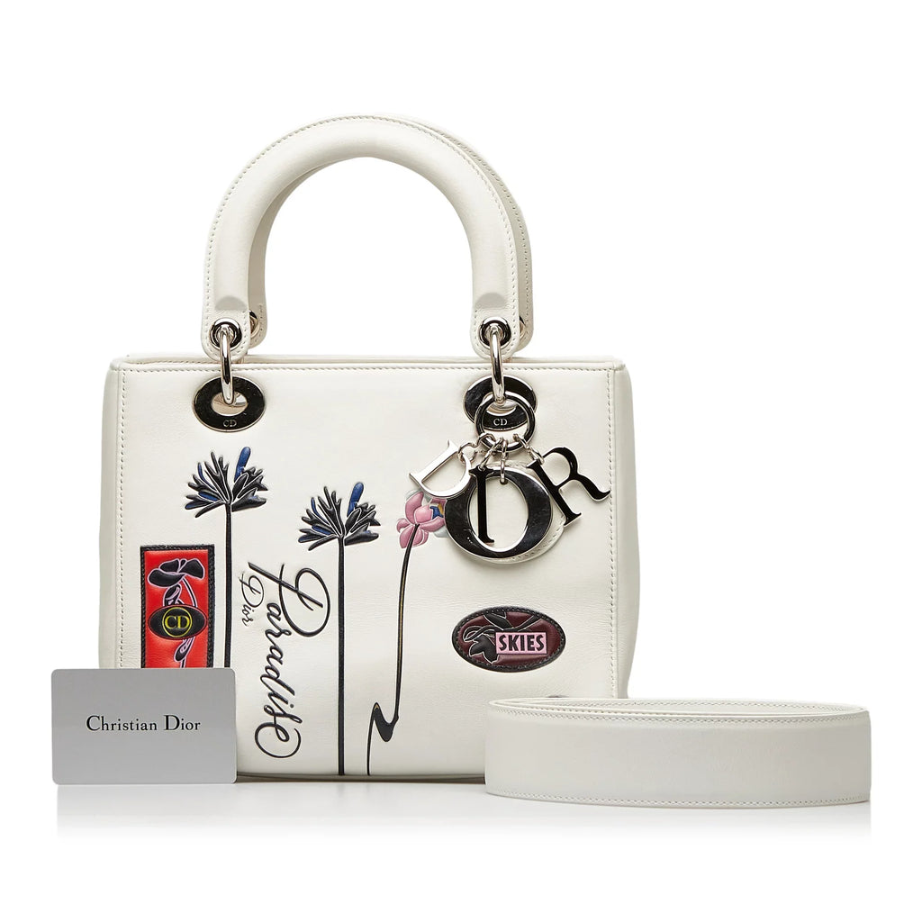Pre-Owned Authenticated Medium Lambskin Paradise Lady Dior Leather White Satchel Unisex (Good)
