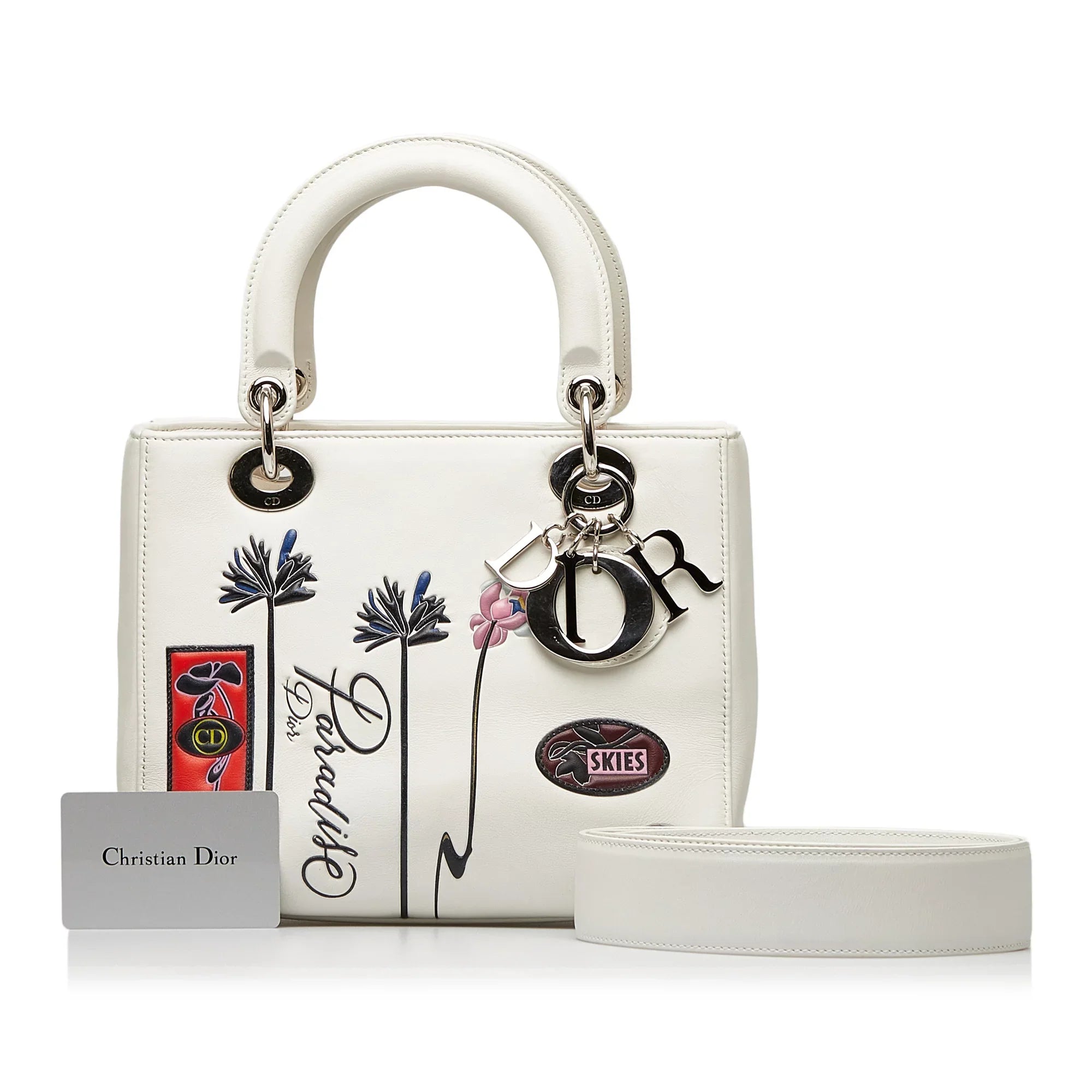 Pre-Owned Authenticated Medium Lambskin Paradise Lady Dior Leather White Satchel Unisex (Good)