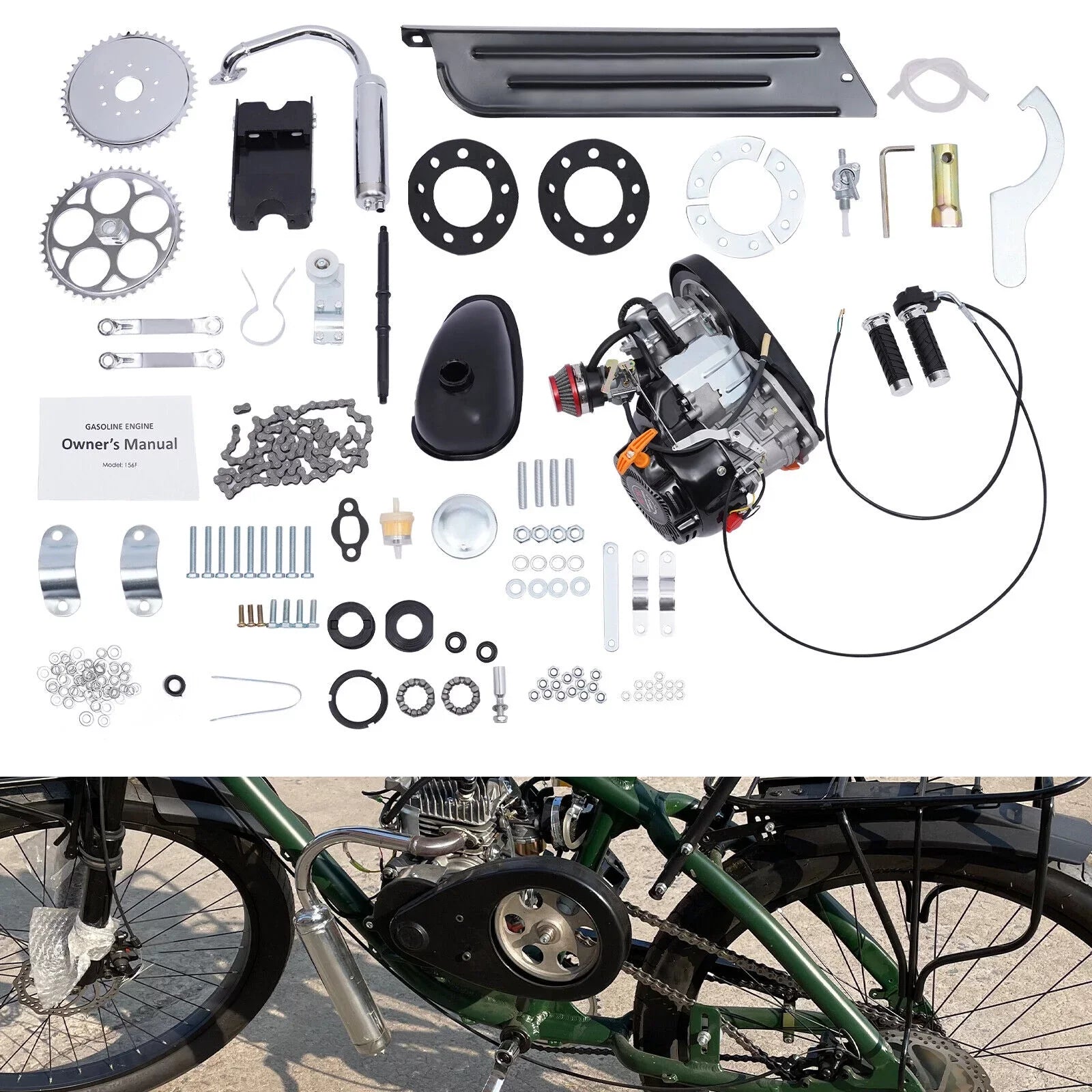100cc 4 Stroke Bicycle Motor Kit Motorized Bicycle Engine Kit Single Cylinder Petrol Gas Motor Engine Kit, 44 Tooth Chain -156F