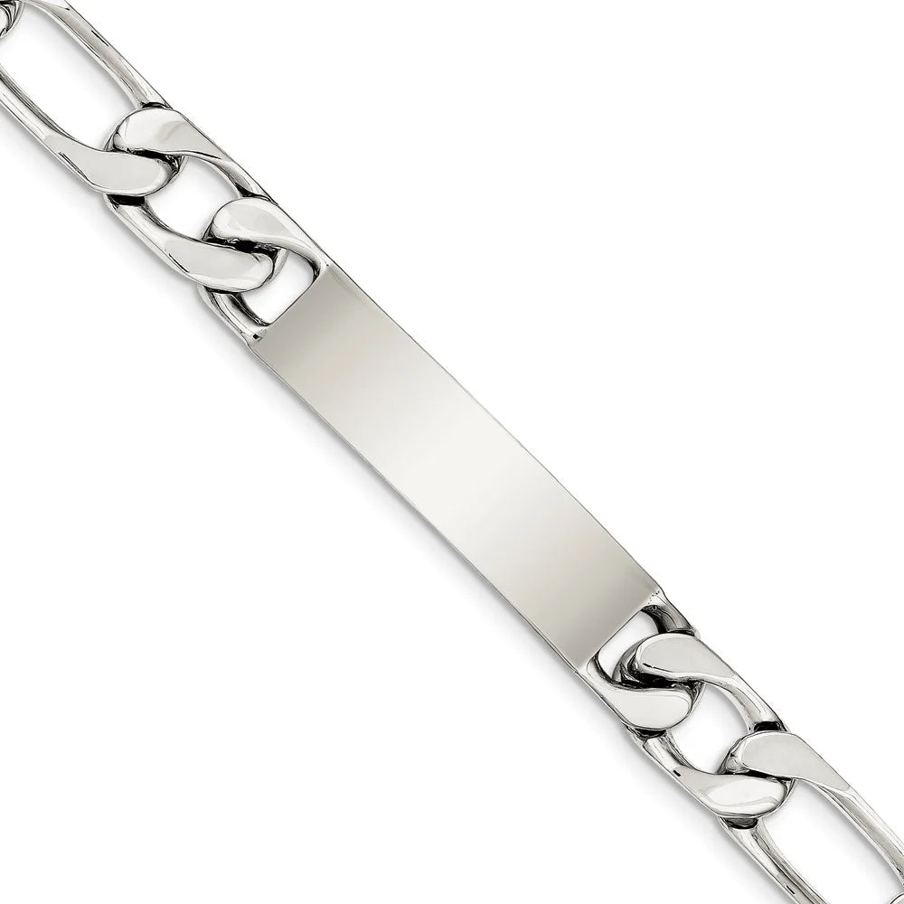 Sterling Silver Bracelet  Figaro Men's 12 mm 8.5 in Polished Engraveable Link