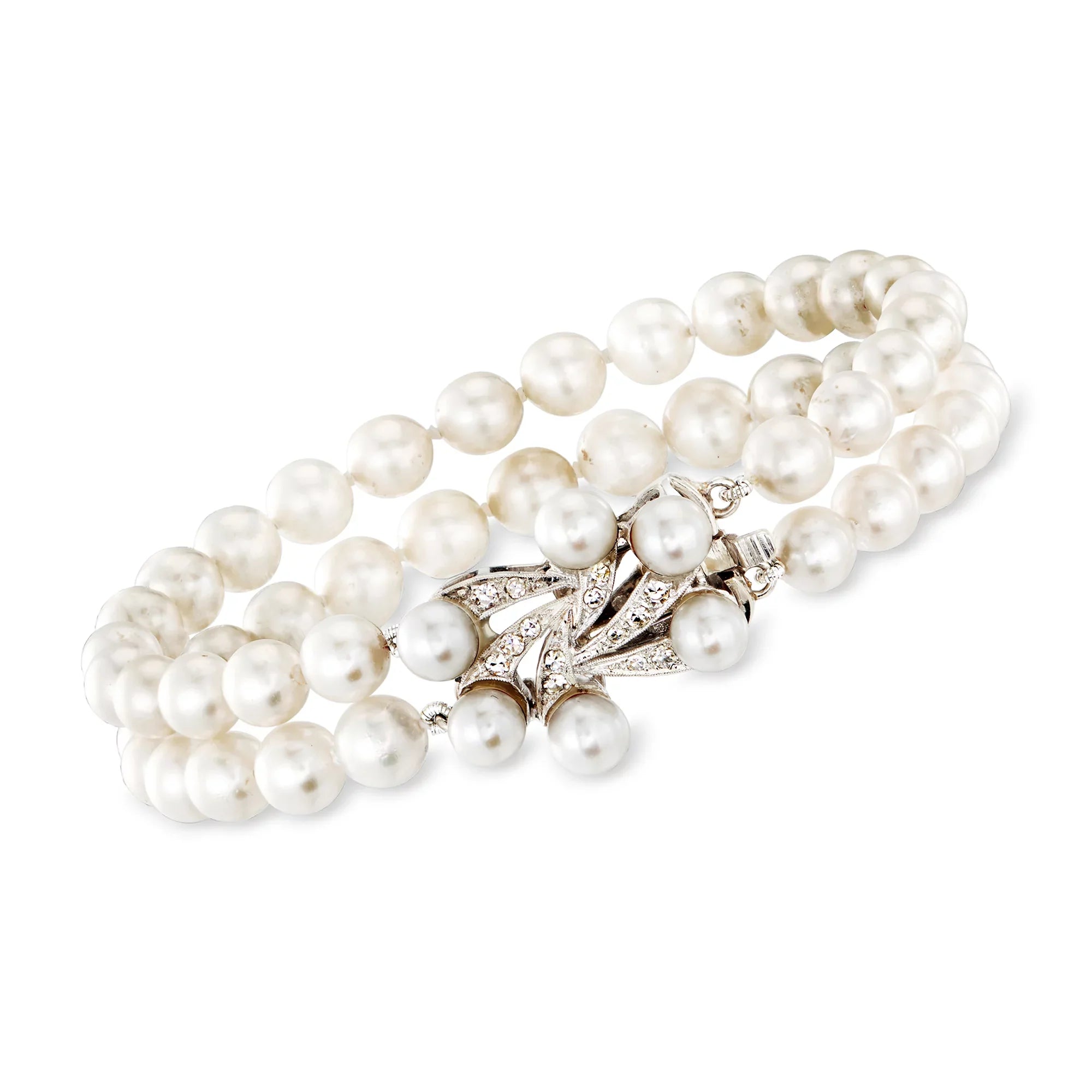 Ross-Simons C. 1950 Vintage 5.3-6.3mm Cultured Pearl 2-Row Bracelet With .20 ct. t.w. Diamond Clasp in 14kt White Gold, Women's, Adult, Pre-Owned