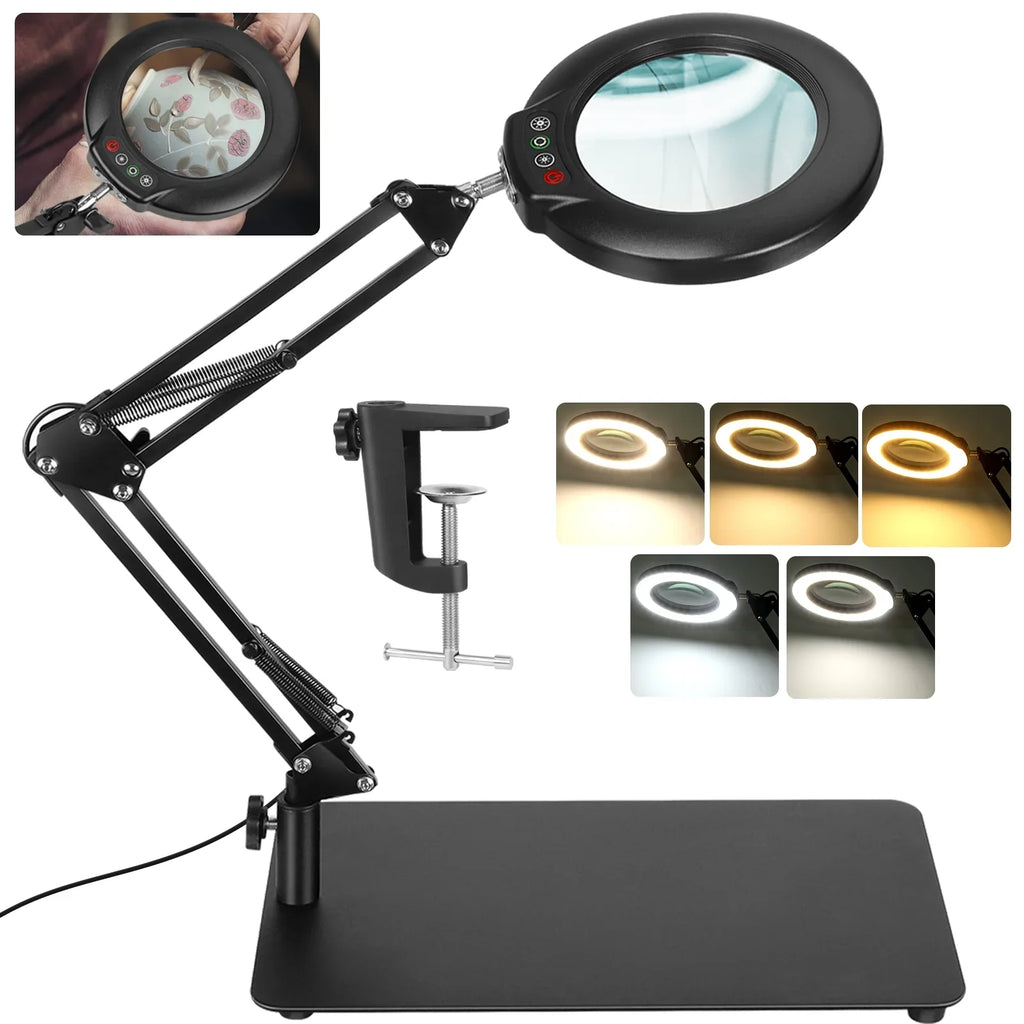 10X Magnifying Glass with Light and Stand, 2-in-1  Magnifying Desk Lamp with Clamp, 5 Color Modes Stepless Dimmable, Hands Free Lighted Magnifier for Craft, Painting, Close Work, Sewing