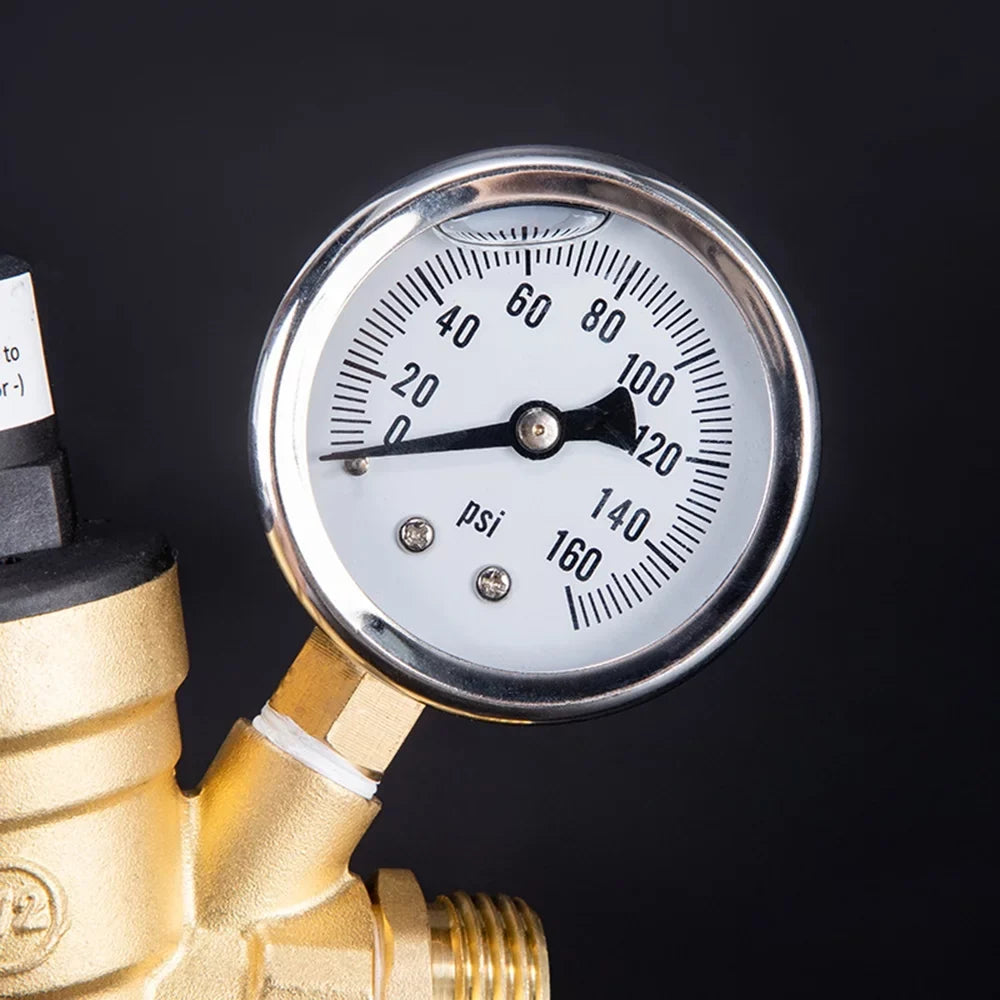 Adjustable Water Pressure Regulator Valve - Lead-Free Brass, with 0-160PSI Gauge and Inlet Screened Filter, Ideal for  and Travel Trailers