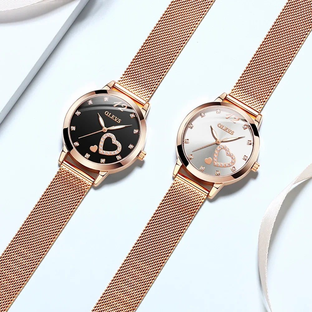 Olevs Elegant Women's Watch, Rose Gold Diamond Hearts Big Face Mesh Strap Fashion Dress Japanese Quartz Waterproof Luminous Ladies Watches, Female Wristwatch, Gifts for Women