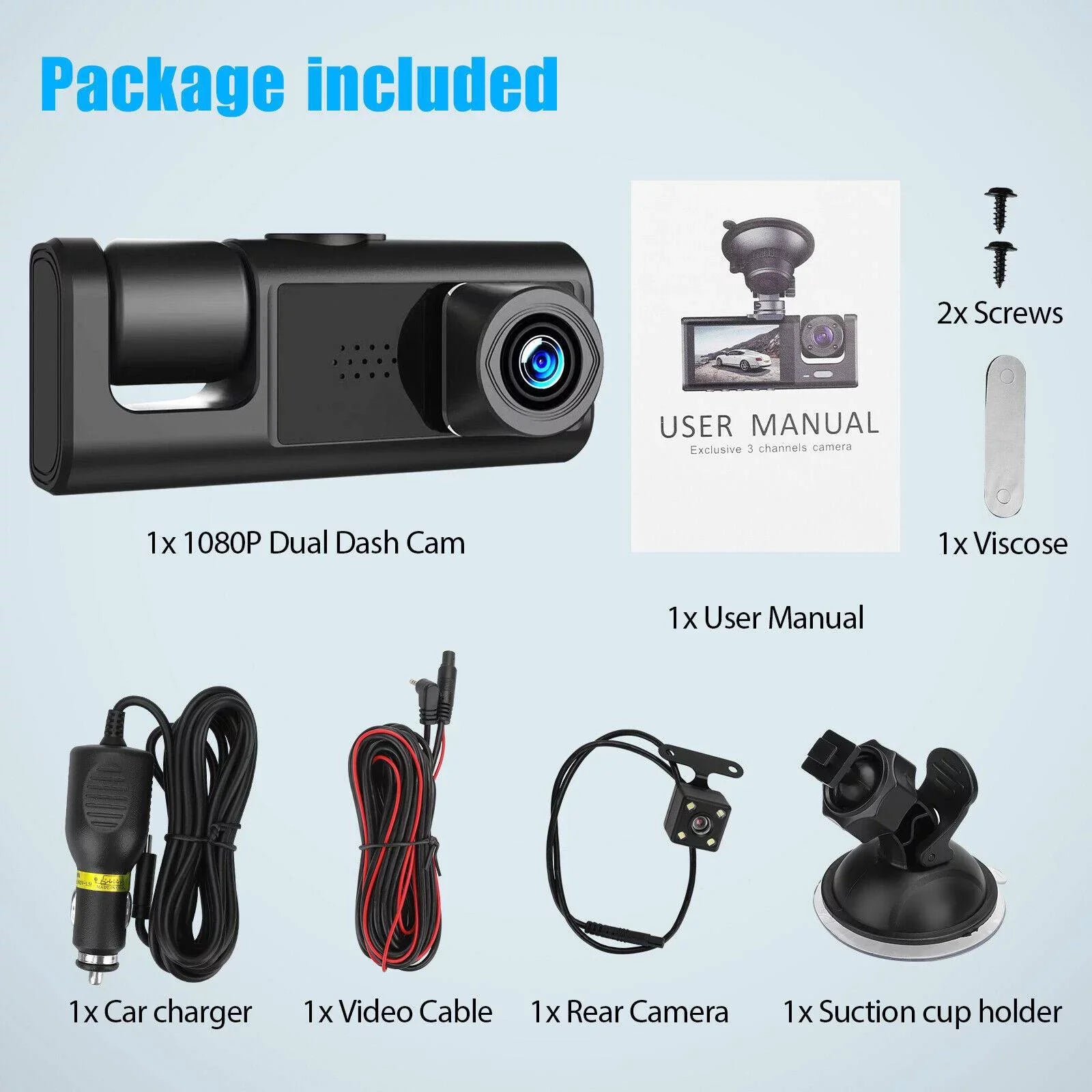 1080P Car Dual Lens Dash Cam Front/Rear/Inside Video Recorder Camera G-sensor