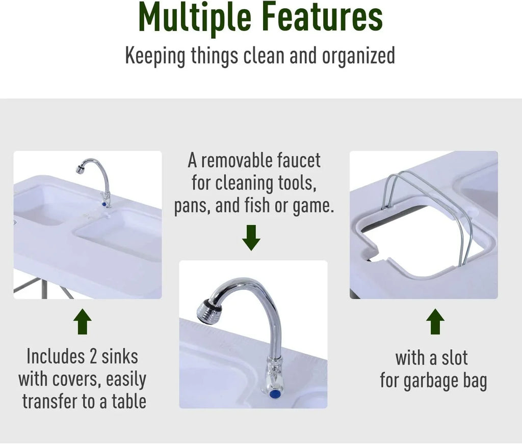 Folding Camping Table with Faucet and Dual Water Basins, Outdoor Fish Table Sink Station, for Picnic, Fishing, 40''