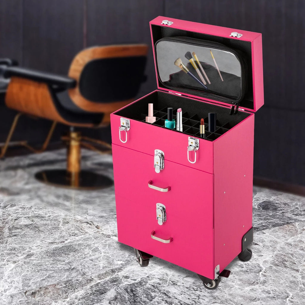 Rolling Makeup Train Case Cosmetic Trolley Luggage Box Storage Organizer with Drawer