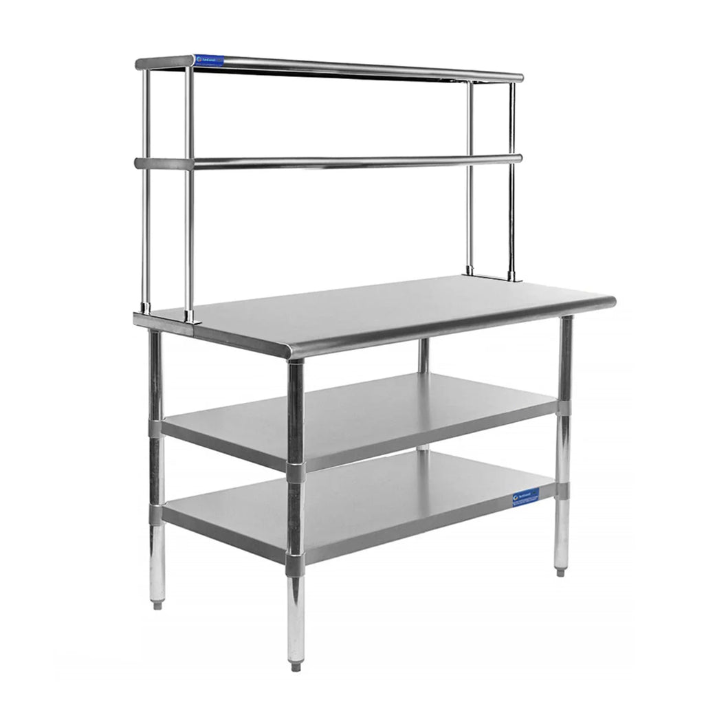 30" x 24" Stainless Steel Work Table With Two Shelves | 12" Wide Double Tier Overshelf | Metal Kitchen Prep Table & Shelving Combo