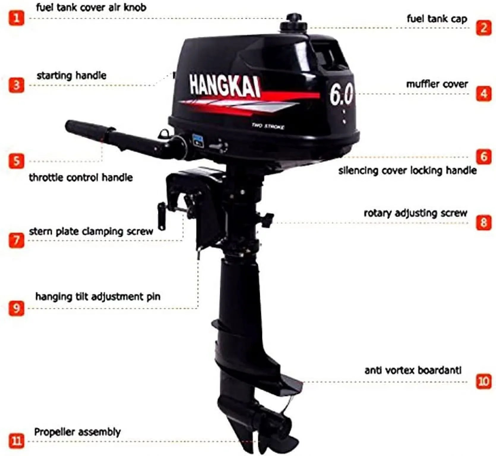 6  2-Stroke Outboard Motor Tiller Shaft Inflatable Fishing Boat Marine Engine Water Cooling  System