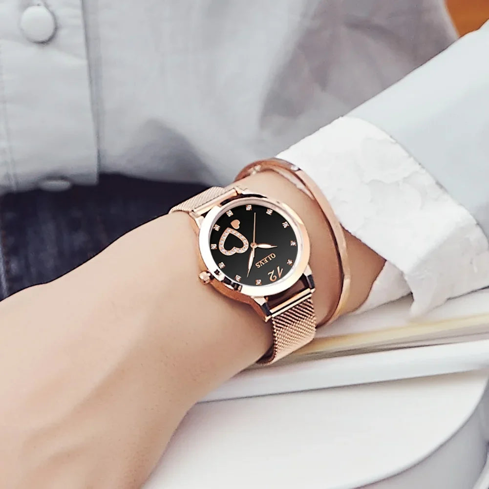 Olevs Elegant Women's Watch, Rose Gold Diamond Hearts Big Face Mesh Strap Fashion Dress Japanese Quartz Waterproof Luminous Ladies Watches, Female Wristwatch, Gifts for Women