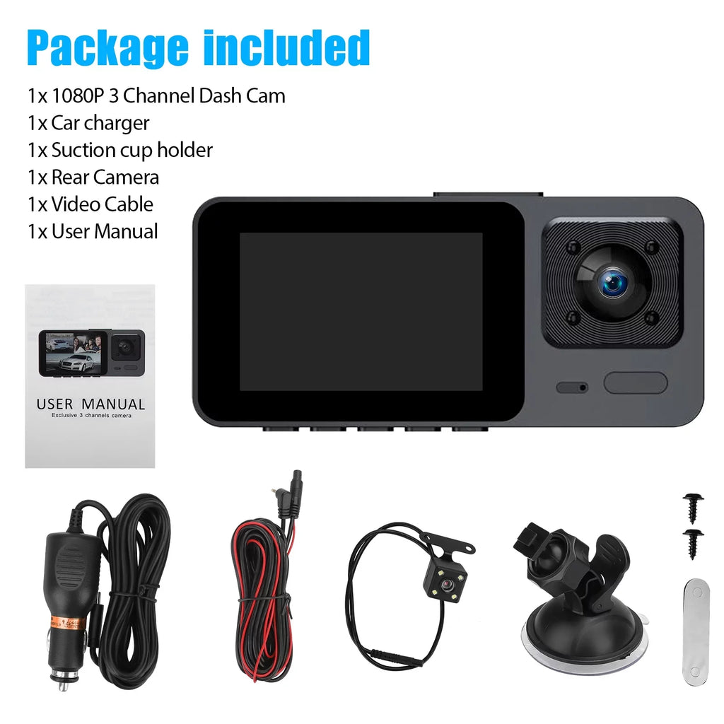 Dash Cam Front and Rear,  3 Channel Dual Dash Camera, 1080P  Screen Car Camera  Backup Cam with Night Vision