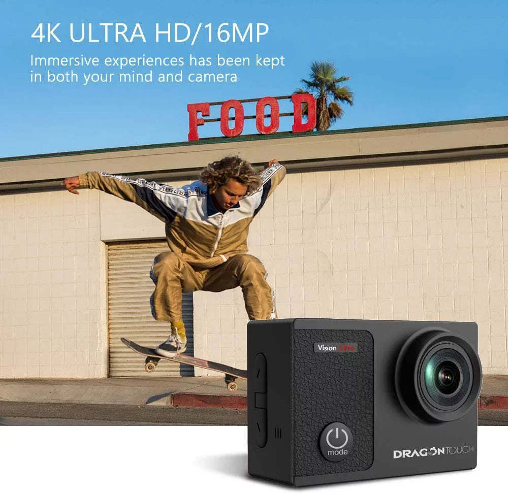 Dragon Touch Vision 3 Pro Action Camera,16MP 4K/60FPS 100ft Underwater Waterproof Camera W/ Touch Screen & Helmet Accessories