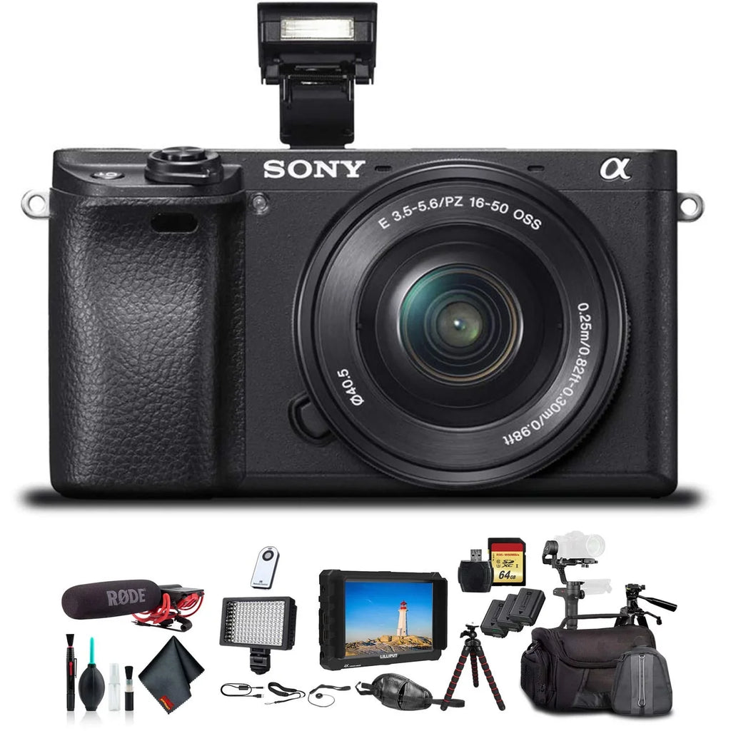 Sony Alpha a6300 Mirrorless Camera W/ 16-50mm Lens Black ILCE6300L/B W/ Soft Bag, Zhiyun-Tech  Stabilizer, 2x Extra Batteries, Rode Mic, 2x 64GB Cards, 4K Monitor , Plus Essential Accessories