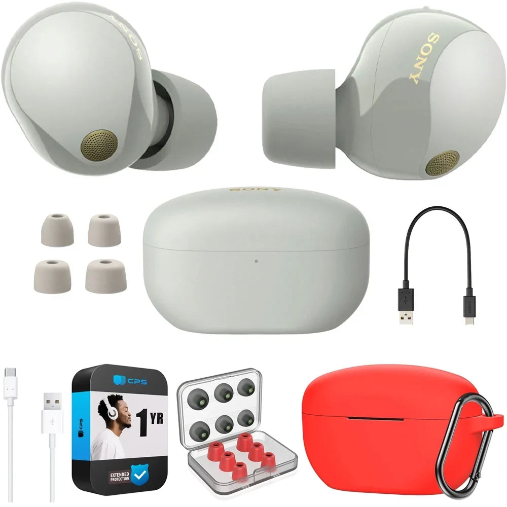 Sony -1000XM5 Industry Leading Noise Canceling Truly Wireless Earbuds (Silver) Bundle with Silicone Case (Red), Memory Foam Ear Tips, -A to -C Cable & 1   Enhanced Protection Pack