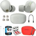 Sony -1000XM5 Industry Leading Noise Canceling Truly Wireless Earbuds (Silver) Bundle with Silicone Case (Red), Memory Foam Ear Tips, -A to -C Cable & 1   Enhanced Protection Pack