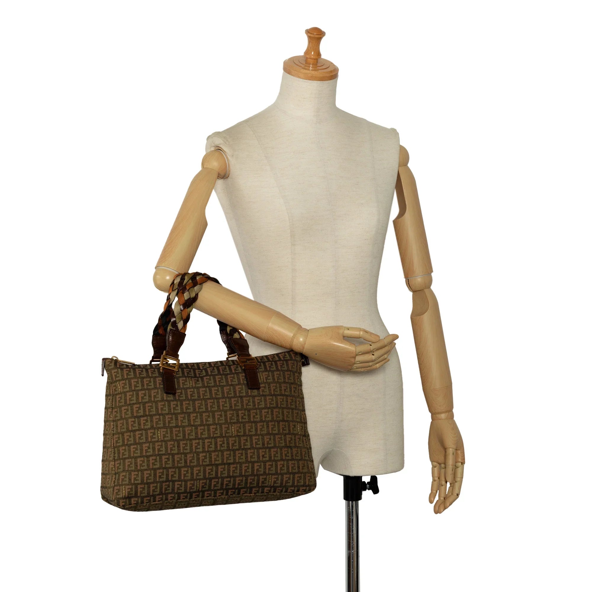 Pre-Owned Authenticated Fendi Zucchino Braided Roll Tote Canvas Fabric Green Tote Bag Unisex (Good)