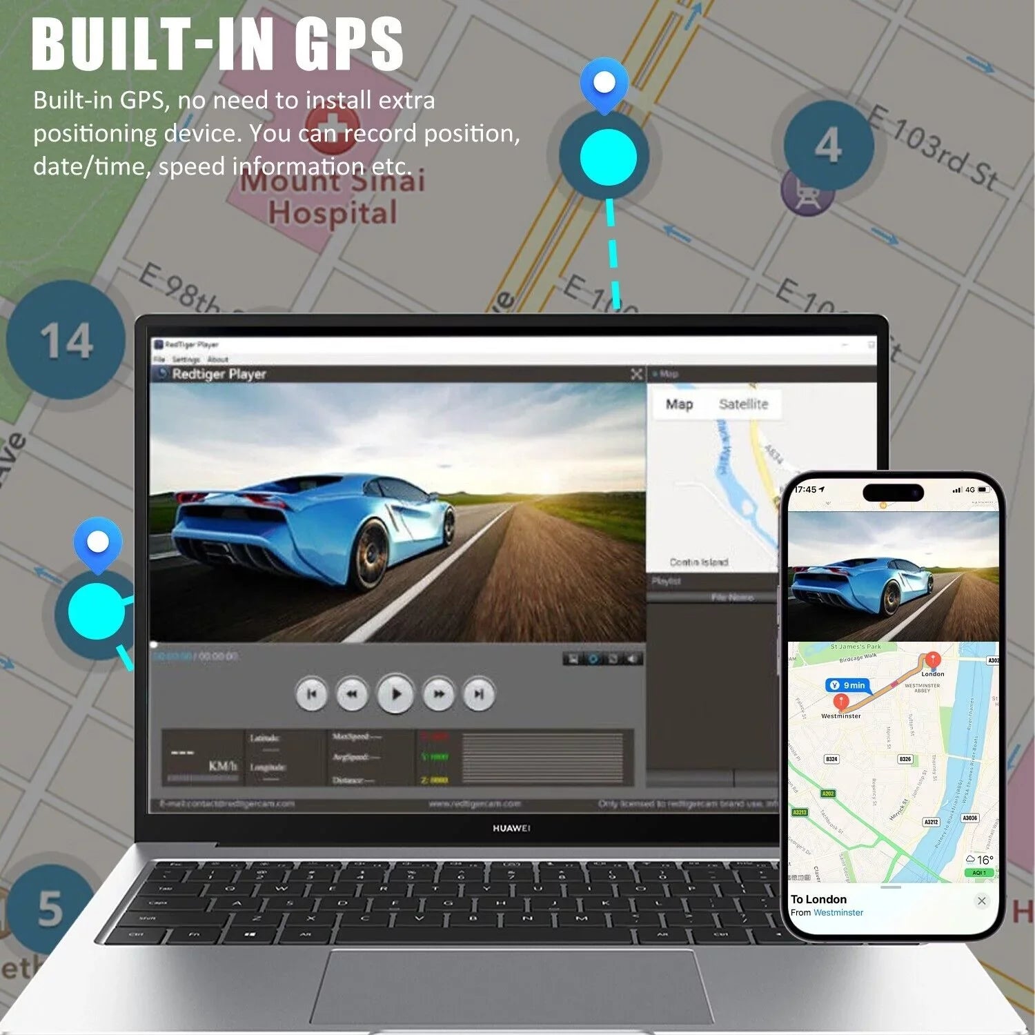 3 Lens Cars True 4K Dual Dash Camera Front & Rear WiFi& Track Video Recorder