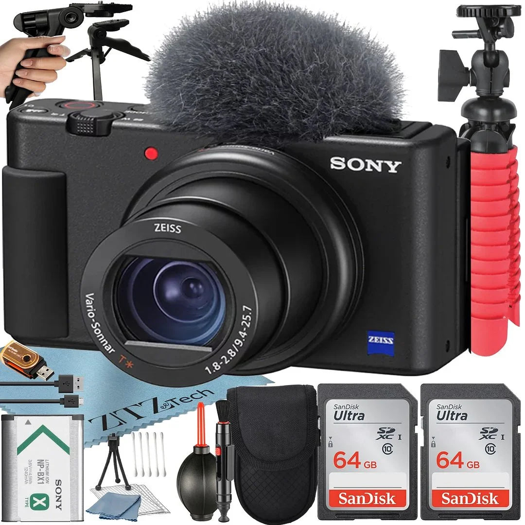 Sony -1F Vlogging Camera (Black) with 2 Pack SanDisk 64GB Memory Card + Tripod + Case + ZeeTech Accessory Bundle