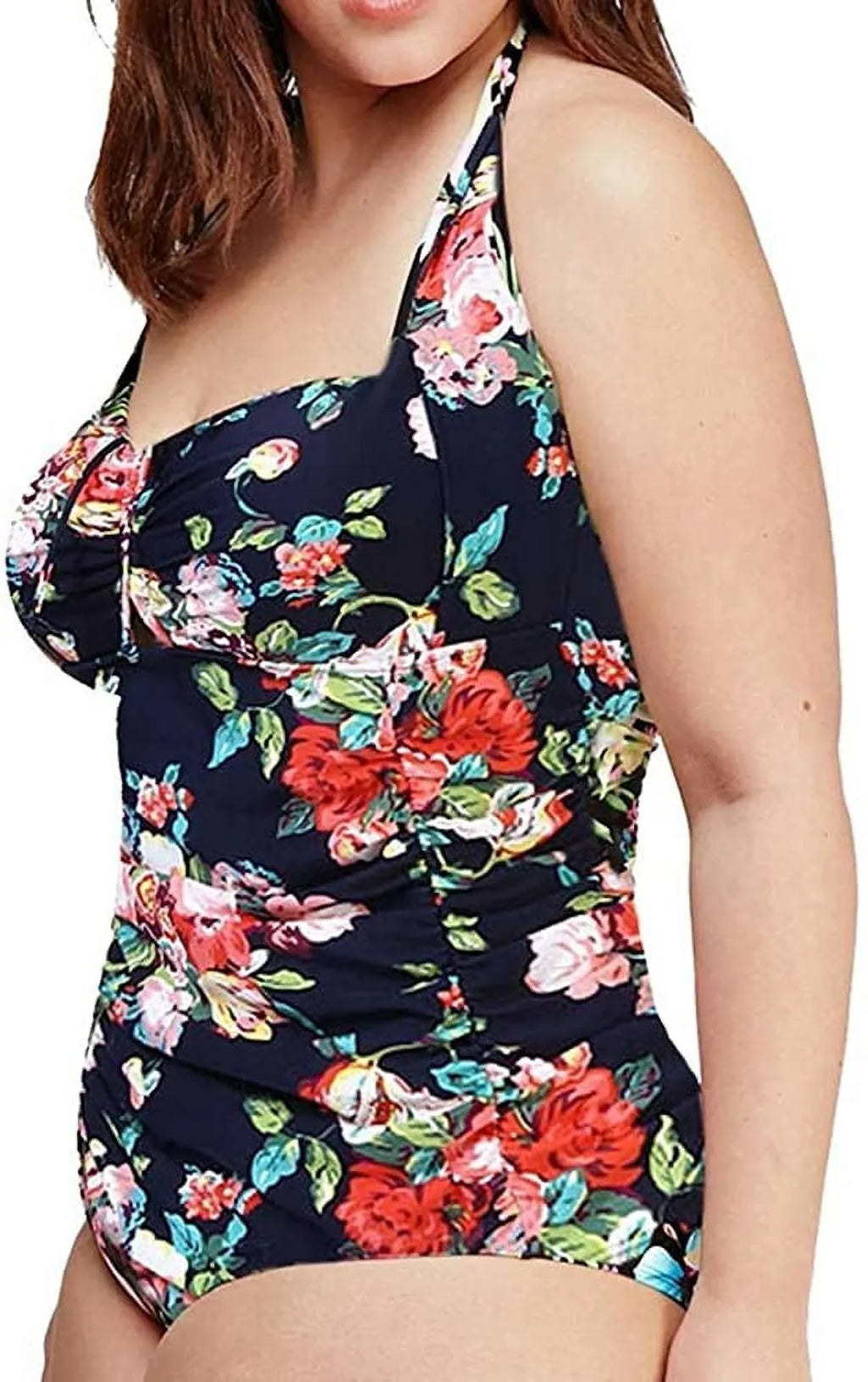 QZUnique Women's One Piece Bathing Suit Tummy Control Swimwear Halter Ruched Swimsuit Plus Size Vintage Monokini