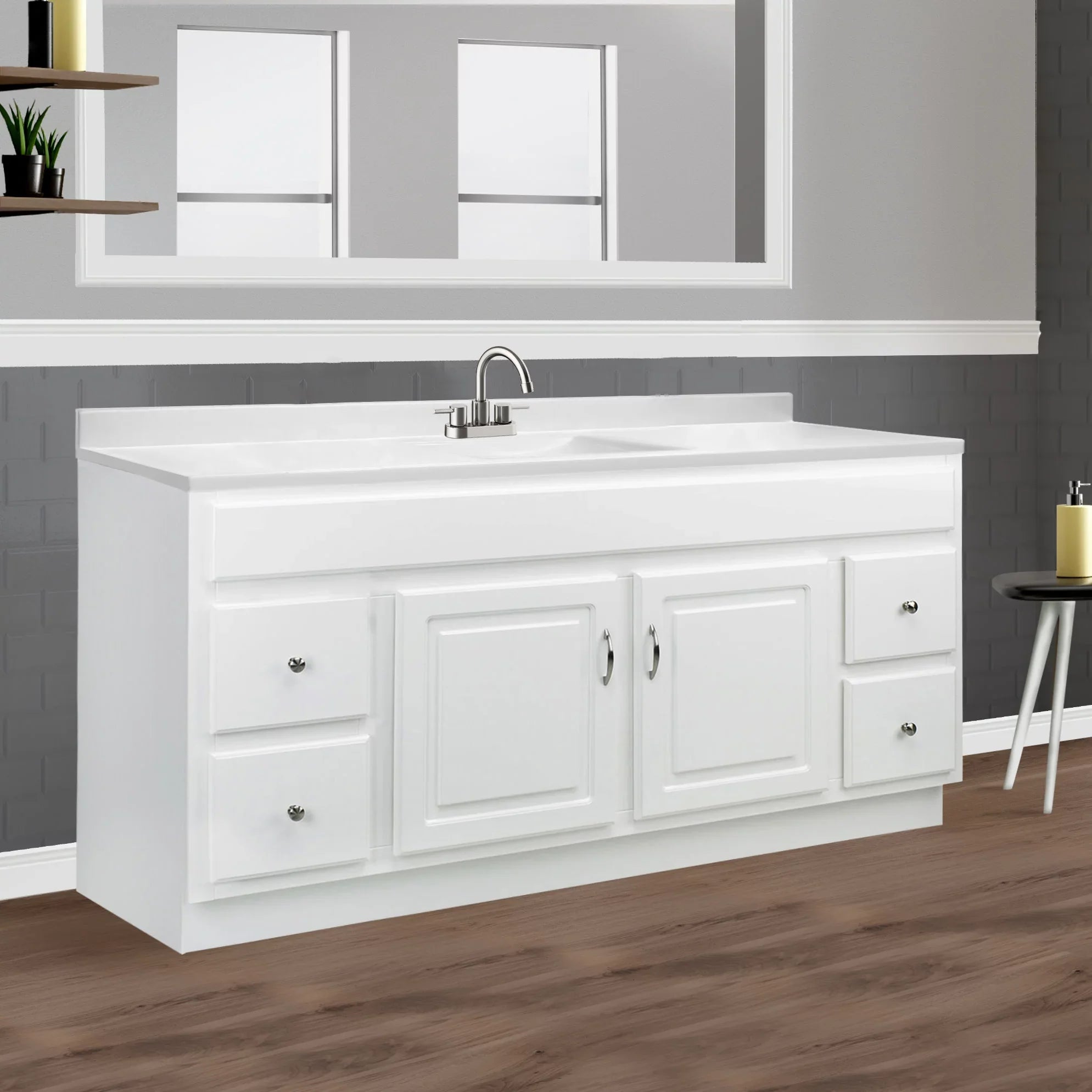 Design House 557660- 61-inch Camilla Cultured Marble Centerset Mount Rectangle Single Bow Vanity Top with Integrated Backsplash, Solid White