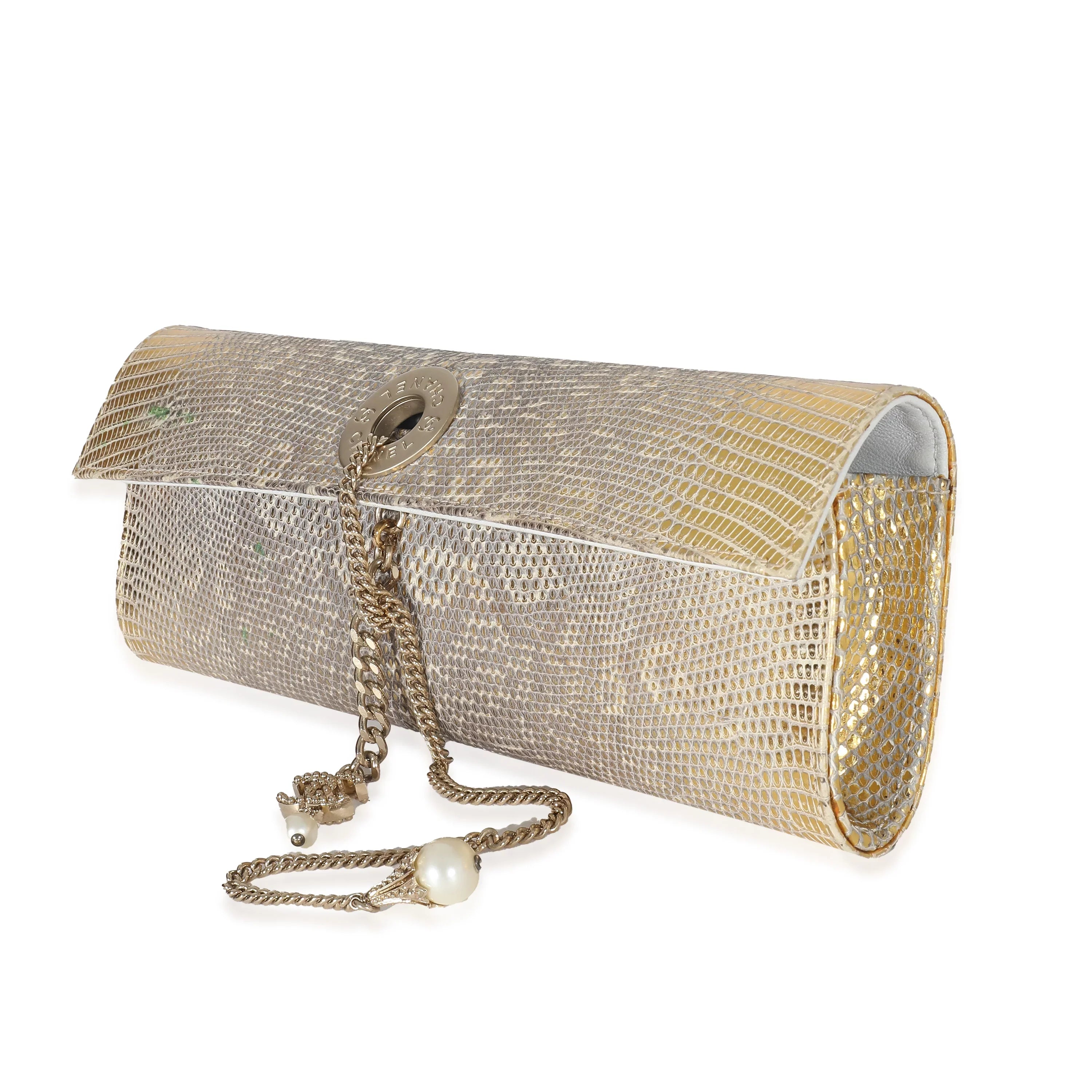 Chanel Vintage Gold Lizard Tube Flap Clutch Pre-Owned