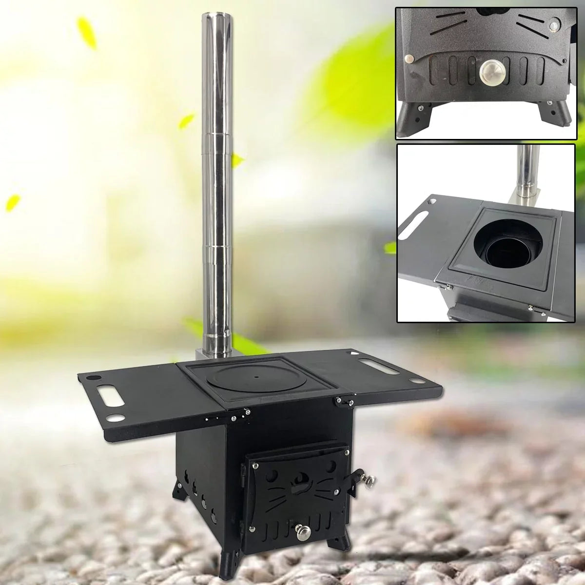 Portable Outdoor Wood Stove with Chimney Pipe, Cooking Heating Tool for Camping & Wild Survival