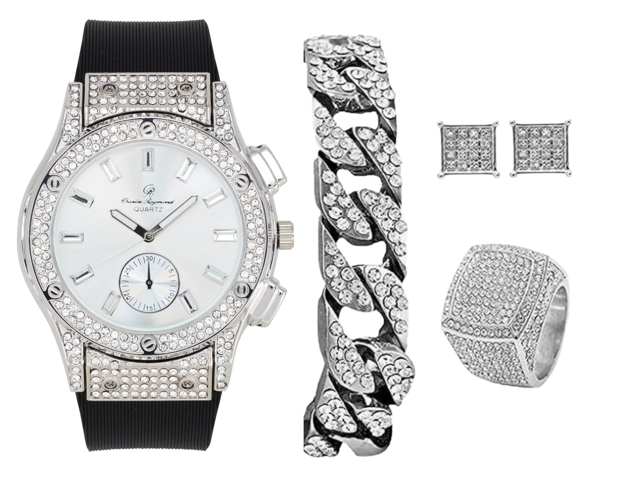 Bling-ed Out It's Lit! Hip Hop Watch & Jewerly Set w/Cuban Chain Bracelet, Kite Bling Earrings & Ring - GJM13 (8, ST10311  ) : B0CHF5CL34
