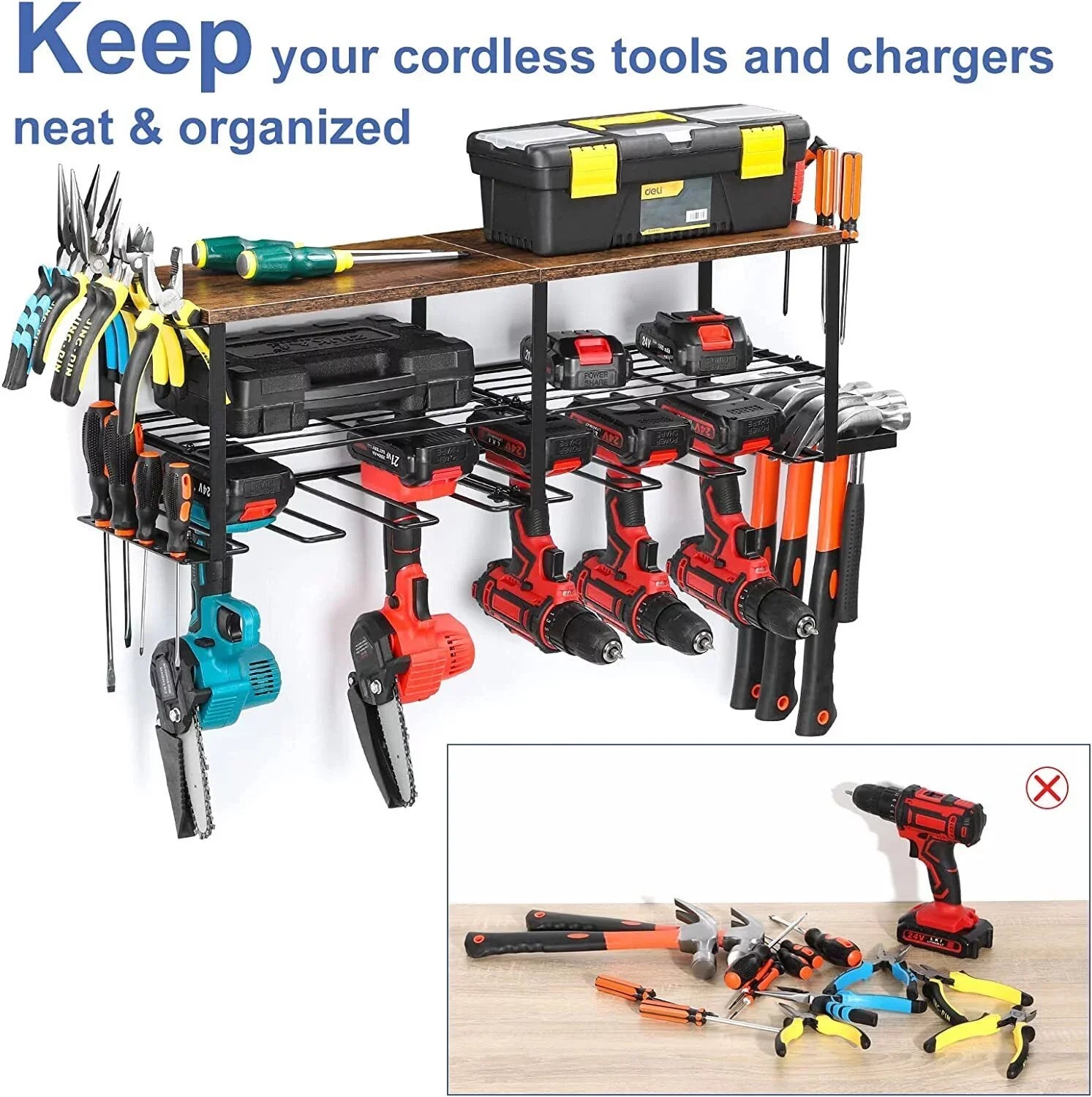 Power Tool Organizer, 6 Drill Holder Wall Mounted, Heavy Duty Storage Rack Shelf