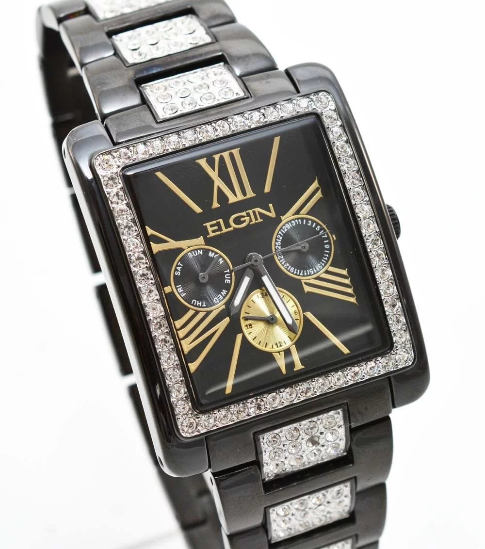 New Elgin Men`s Black  Crystal Band & Dial Multifunction Quartz Watch FG10003