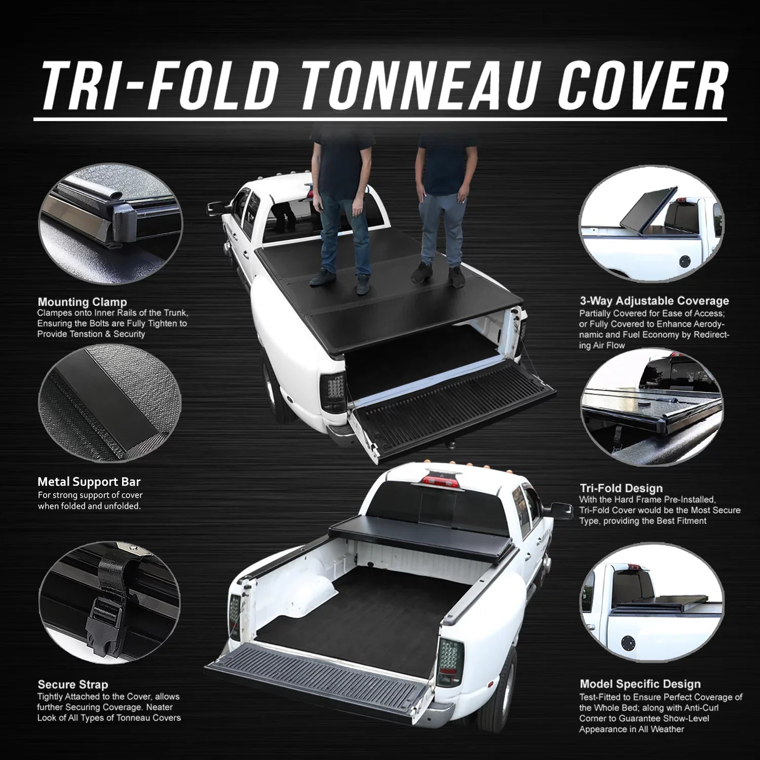 Motoring --090 For 2019 to 2021 Ford Ranger 5Ft Truck Short Bed Black Powdercoated Aluminum Frame  Hard Top Tri-Fold Tonneau Cover 20