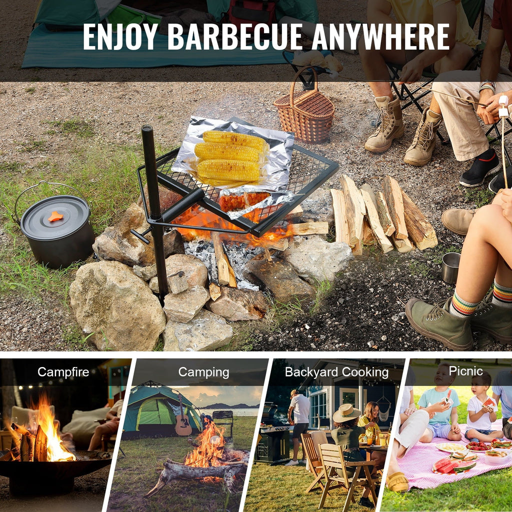 Swivel Campfire Grill 16" x 16" Heavy Duty Steel Open Fire Cooking Grate Adjustable
