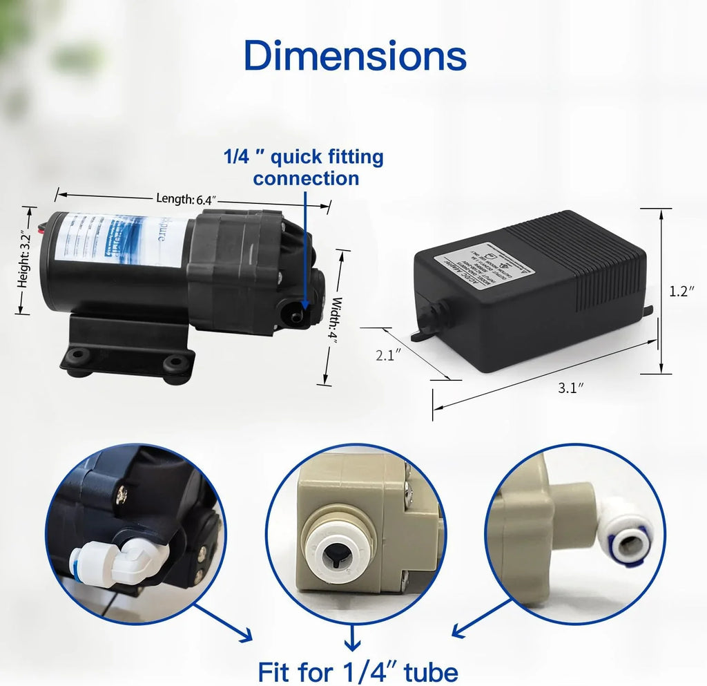 Reverse Osmosis Booster Pump Kit with Transformer + High and Low Pressure Switches + Fittings for 50-150   System