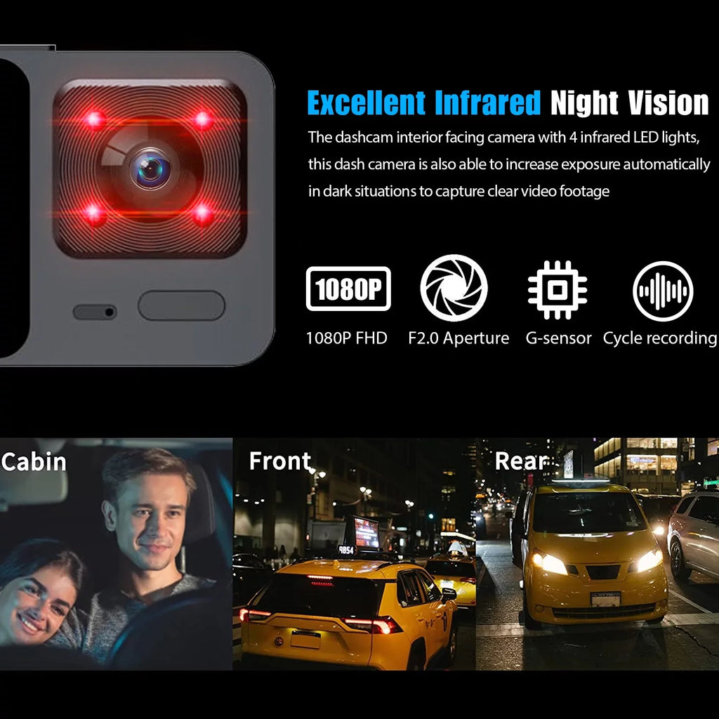 Dash Cam Front and Rear,  3 Channel Dual Dash Camera, 1080P  Screen Car Camera  Backup Cam with Night Vision