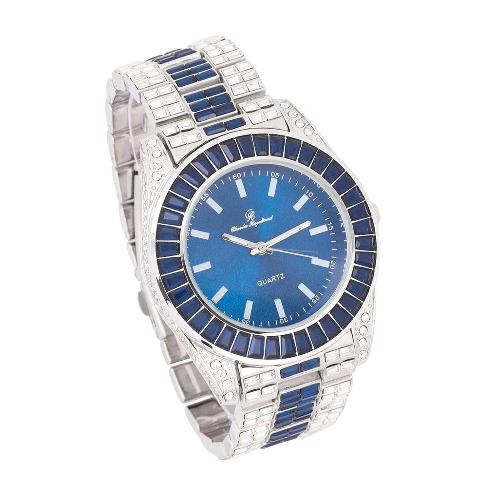 Watch on and Bust Down The Wrist with Lotta of The Whitest and Colorful Crysal Clear Flawless Baquettes! Newest Bling'ed Out Charles Raymond Timepiece - ST10377S Jet Blue