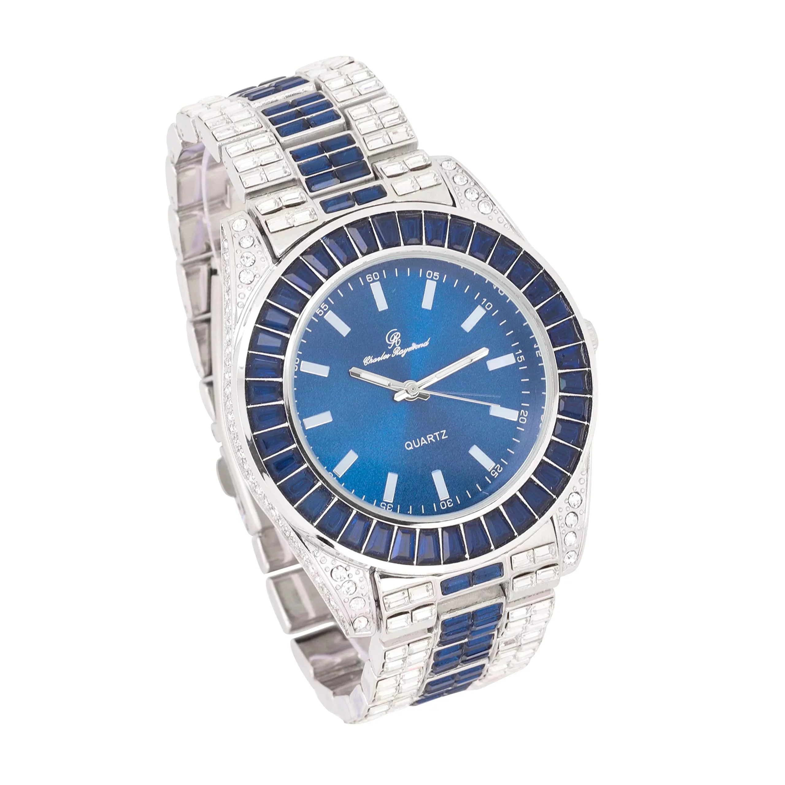 Watch on and Bust Down The Wrist with Lotta of The Whitest and Colorful Crysal Clear Flawless Baquettes! Newest Bling'ed Out Charles Raymond Timepiece - ST10377S Jet Blue