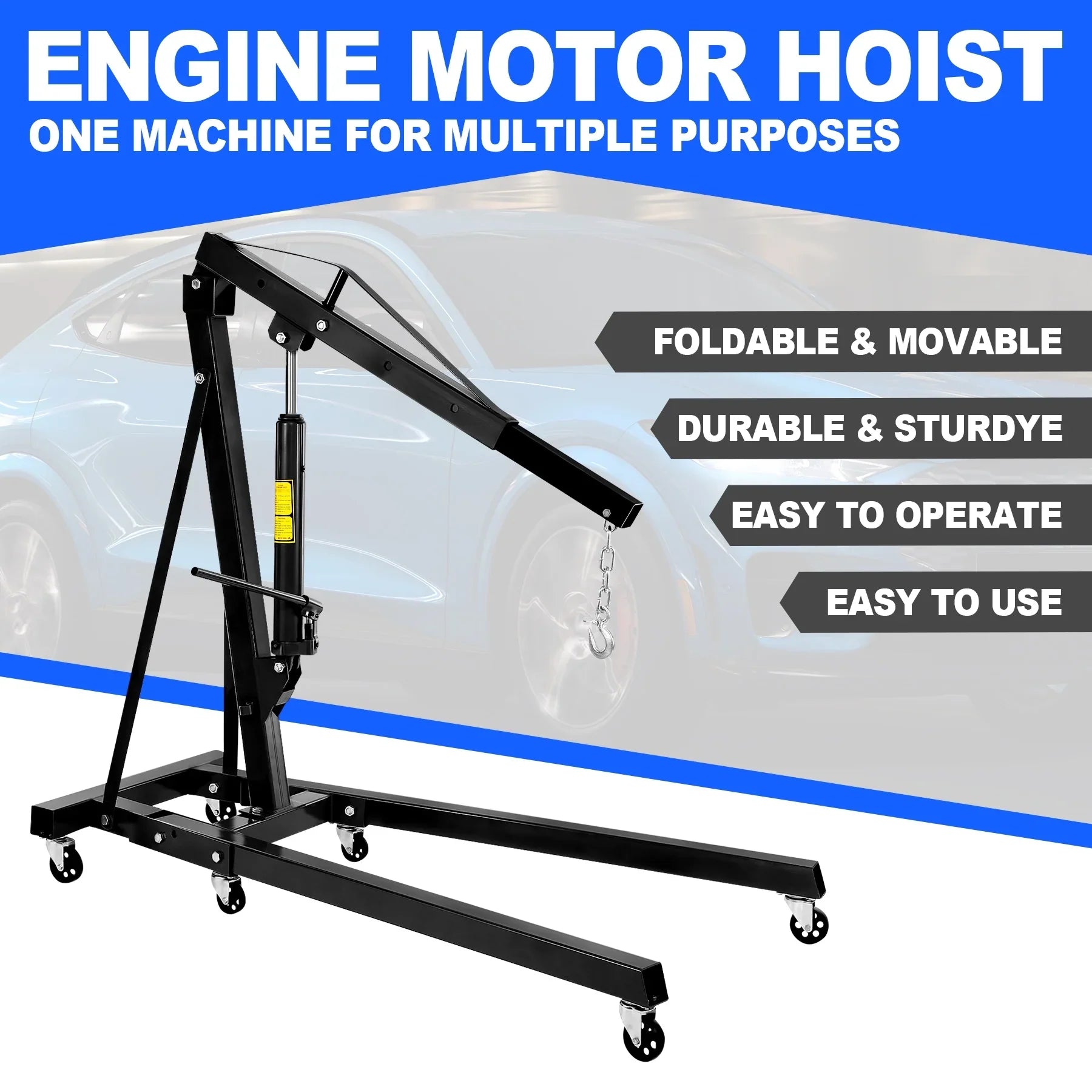 Folding Engine Crane 4400lbs, Lifting Capacity Shop Crane 2-ton, Hydraulic Engine Hoist, Cherry Picker With Telescopic Boom And Legs, Heavy Duty Steel Folding Shop Crane, Manual Engine Crane