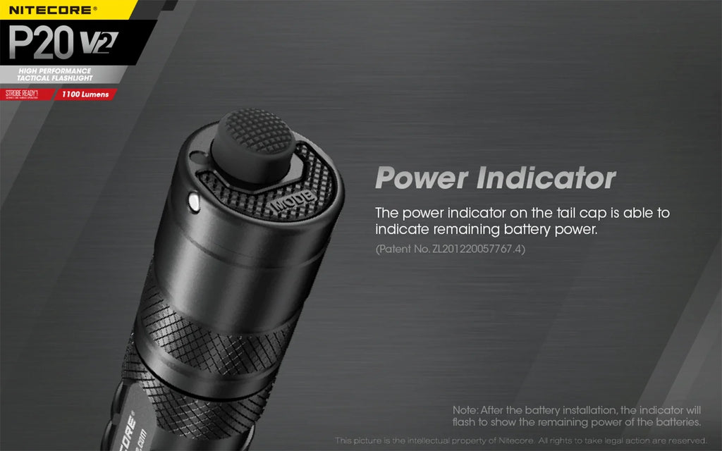 Combo: Nitecore P20 V2 Tactical  Flashlight -  -L2 V6 - 1100 Lumens w/NL189 Battery +2x Free Eco-Sensa CR123A Batteries
