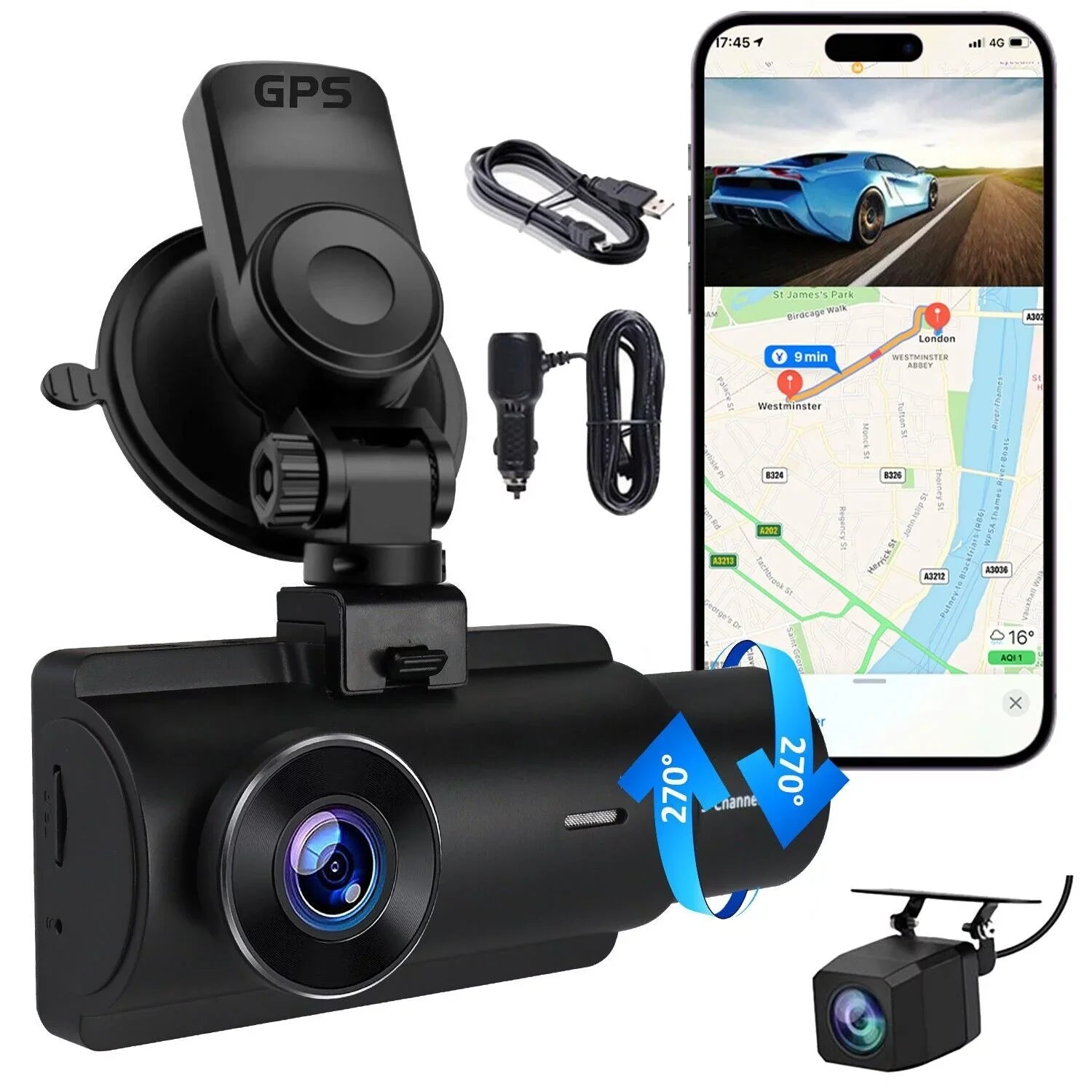 3 Lens Cars True 4K Dual Dash Camera Front & Rear WiFi& Track Video Recorder