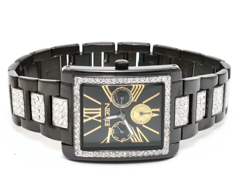 New Elgin Men`s Black  Crystal Band & Dial Multifunction Quartz Watch FG10003