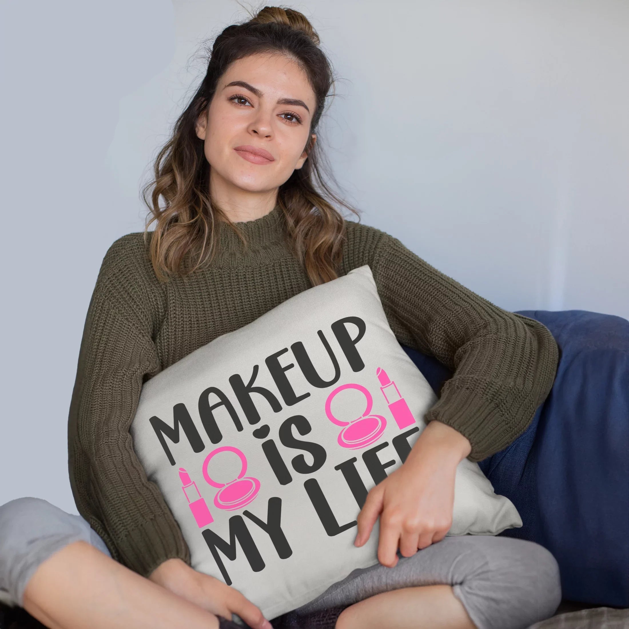 Makeup Is My Life w/ Compact Mirror & Lipstick Design - Beauty Themed Merch for Makeup Artist or Cosmetologist, Gift for Makeup Lovers, Pillow Cover, White 20X20