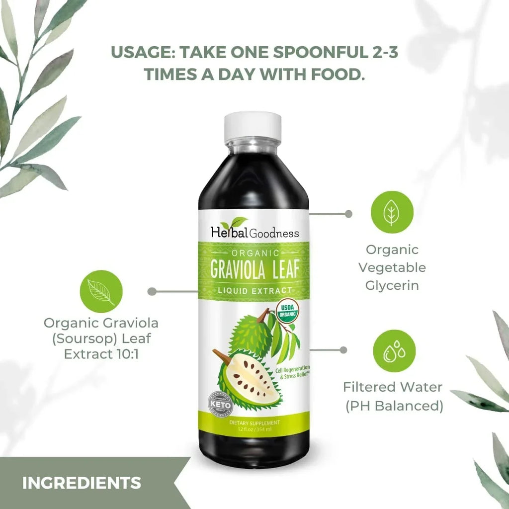 Graviola Leaf Extract Liquid - Soursop (Guanabana) Leaves Ð  Organic, Non , Kosher Ð Cell Support & Regeneration & Stress Relief - Immune Boost Ð - 12oz Bottle