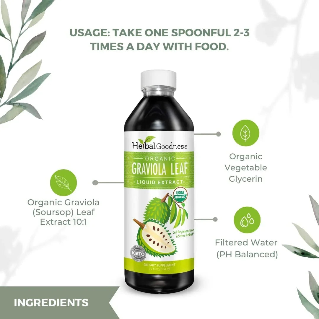 Graviola Leaf Extract Liquid - Soursop (Guanabana) Leaves Ð  Organic, Non , Kosher Ð Cell Support & Regeneration & Stress Relief - Immune Boost Ð - 12oz Bottle