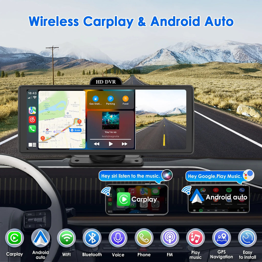 Wireless Apple Carplay Android Auto Bluetooth Portable 9.26" Touchscreen Car Stereo With 128G  Card, 4K Dash Cam And Backup Camera, Car Radio Head Unit  Navigation