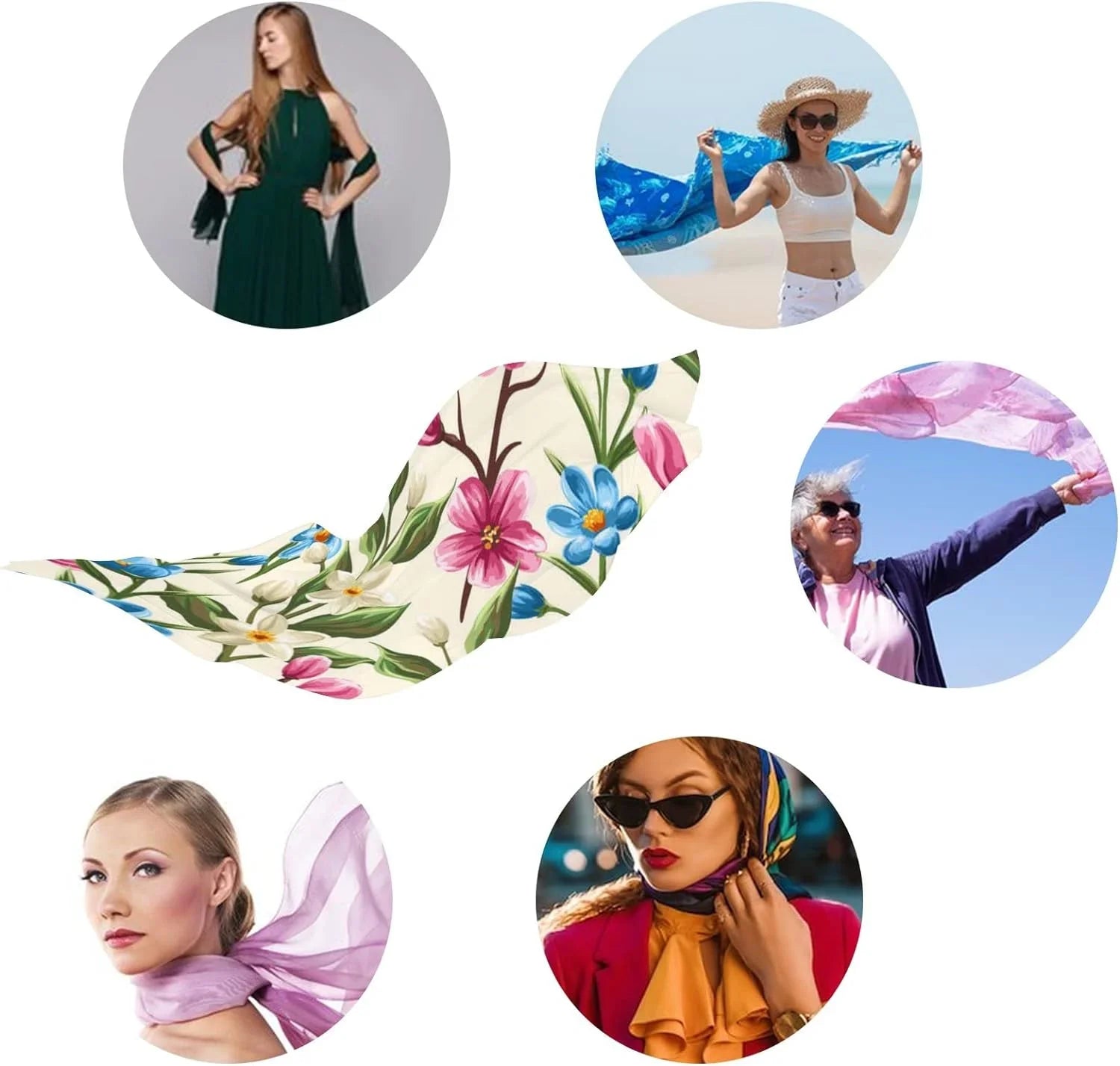 Hyjoy Floral Spring Pink Beige and Blue Flowers Long Silk Neck Scarf Lightweight Shawl Wrap Scarves for Women Girls