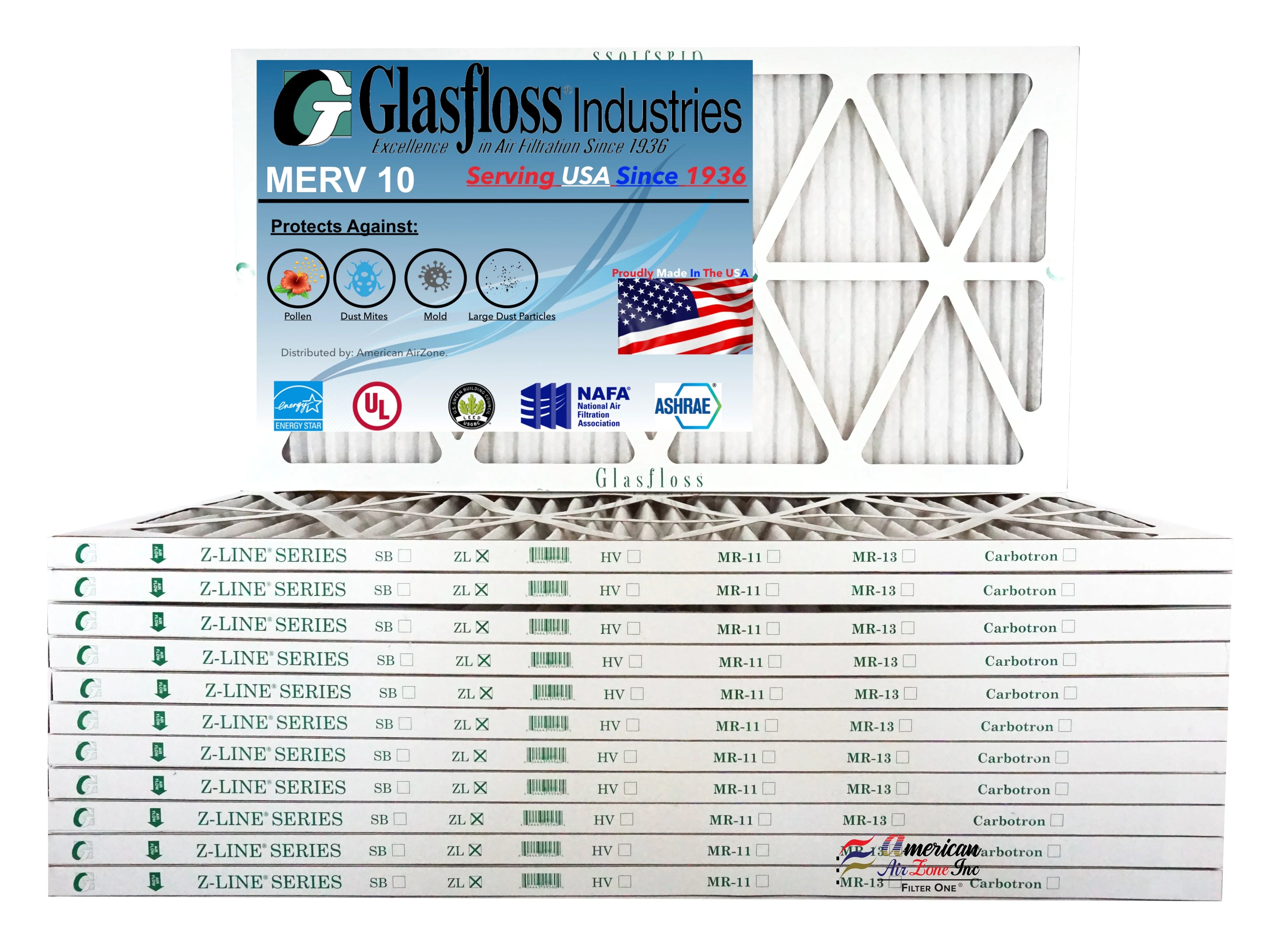 Glasfloss 20x36x1 -  10 -Qty:12 - Furnace Air Filter - Made in  (Actual Size: 19.5 x 36.5x7/8 inch)