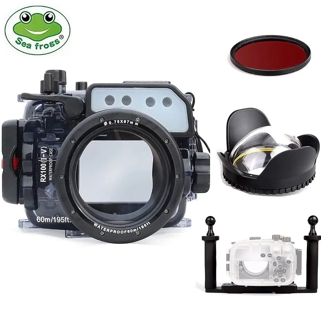 Seafrogs 60M Underwater Camera Housing w/ Dome Port & Two Hands Aluminium Tray Kit, Waterproof case for Sony RX100 I    V RX100 M2 M3 M4 M5