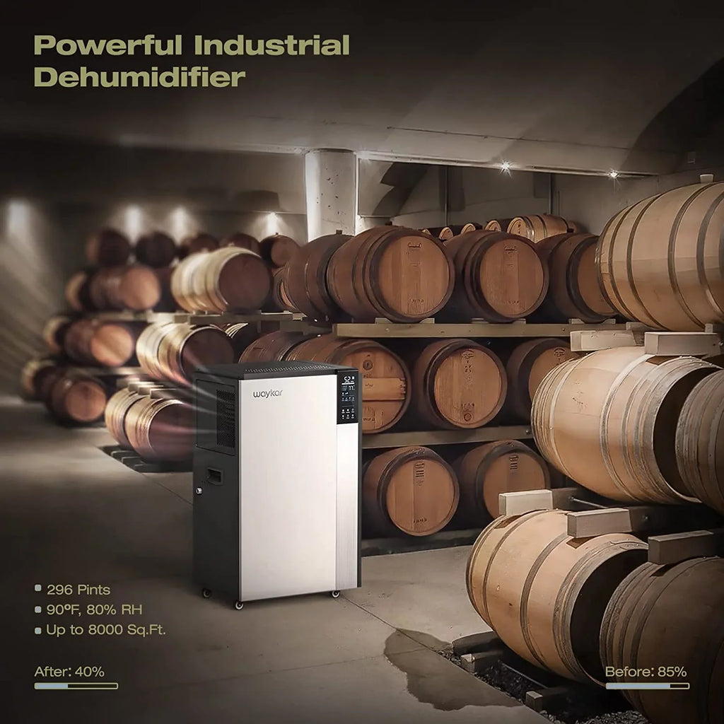 Waykar Commercial Dehumidifier 296 Pint, with drain Hose for Crawl Spaces, Basements, Industry Water Damage Unit, Compact, Portable, Auto Defrost, Memory Starting