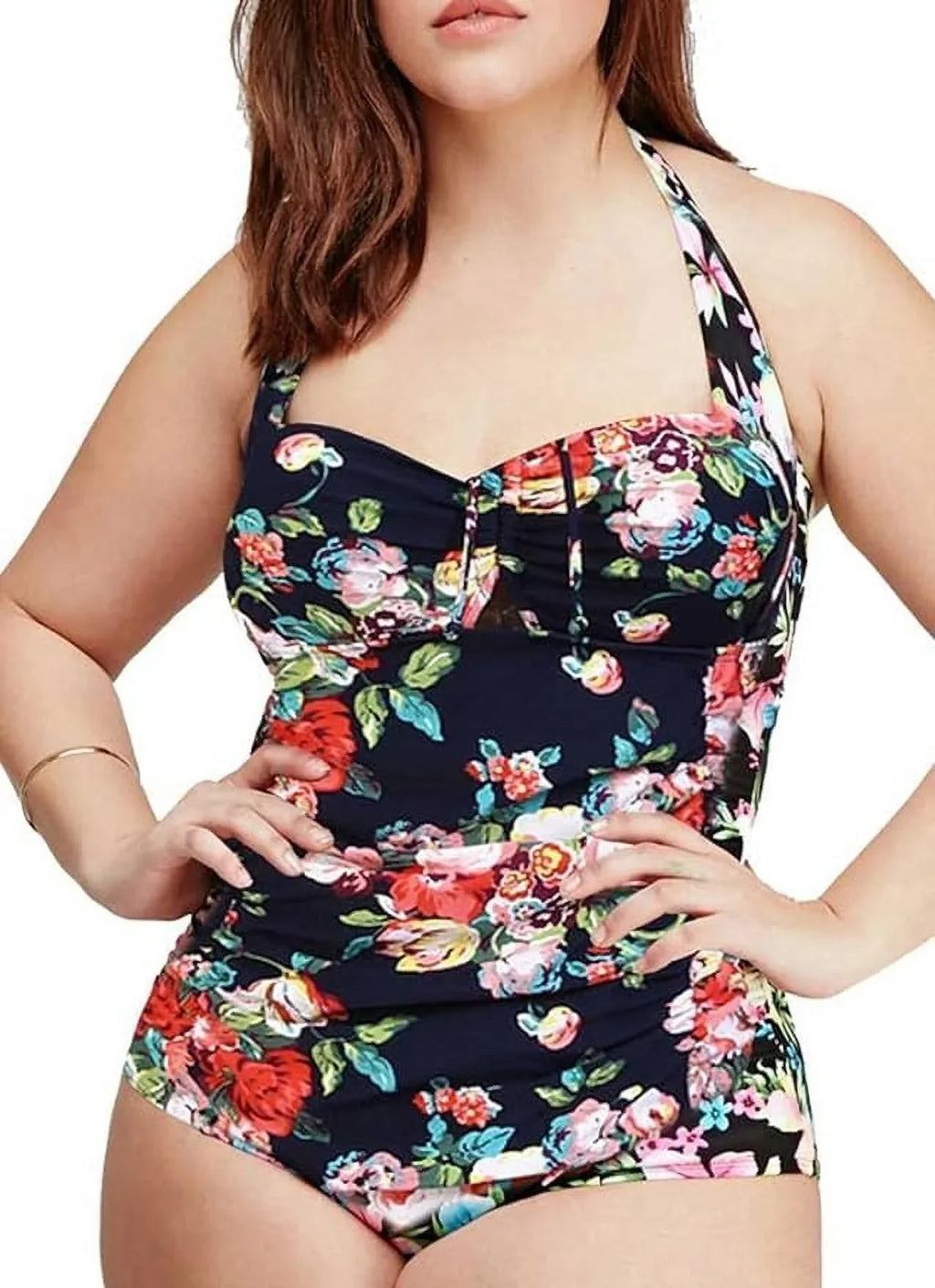 QZUnique Women's One Piece Bathing Suit Tummy Control Swimwear Halter Ruched Swimsuit Plus Size Vintage Monokini