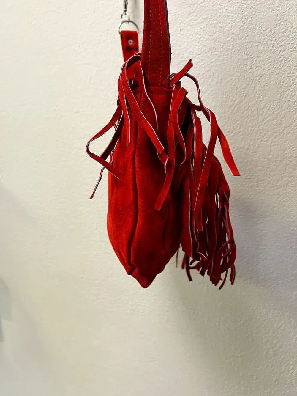 Ladies Fashion Motorcycle Heavy Duty Western Style Red Suede Cowhide Leather Handbag With Beads,Bones & Fringe