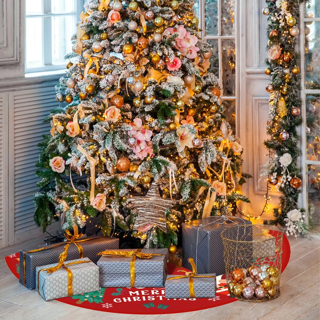 Christmas Tree Skirt 36 Inches Red and Gold Tree Skirt Ornaments Soft Plush Christmas Tree Mat with Snow Pattern for Decorations Holiday Party Indoor Outdoor